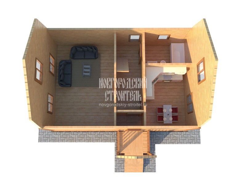 Проект дома из бруса под ключ 6х9 с мансардой - визуальная планировка 1 этажа