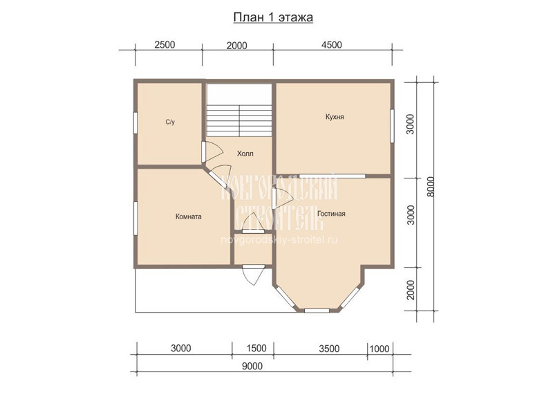 Проект брусового дома 8х9 в 1.5 этажа с эркером - планировка 1 этажа