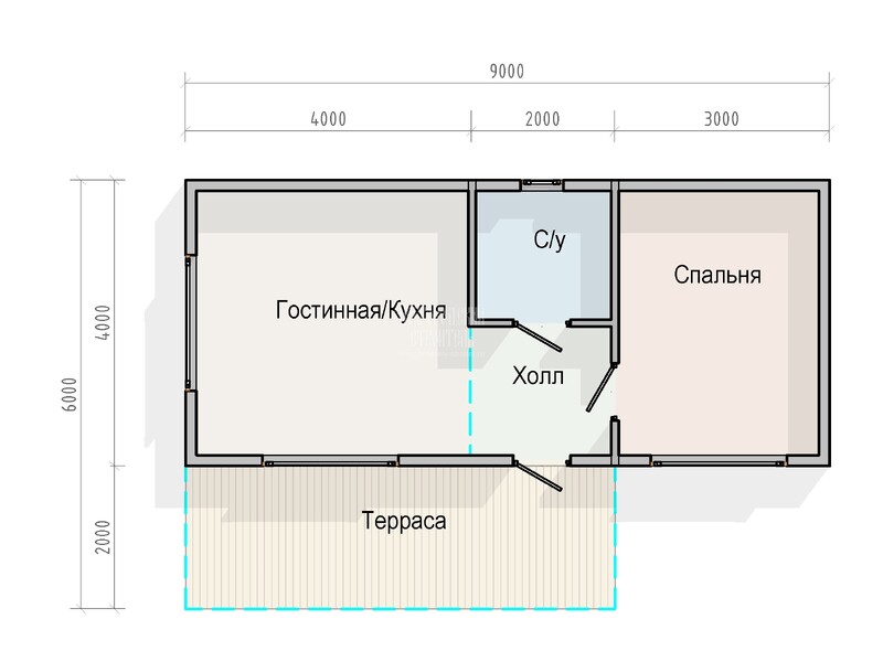 Каркасный дом 4х9 гостевой с террасой и санузлом - планировка