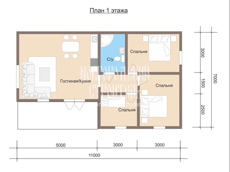Проект одноэтажного каркасного дома 7х11 с террасой - планировка
