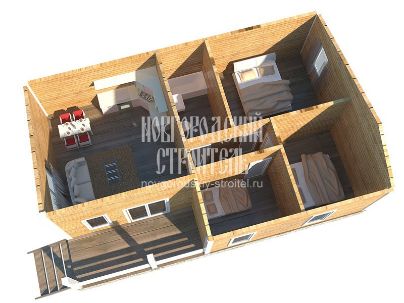 Одноэтажный дом из бруса 7х11 с террасой под ключ - строительство - визуализация