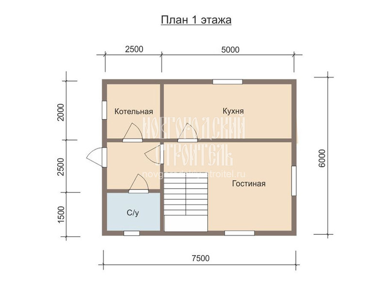 Проект дома из бруса 7.5х6 в 1.5 этажа - планировка 1 этажа