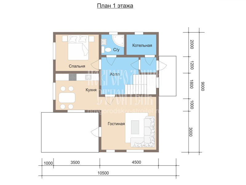 Проект каркасного дома 8х9 в 1.5 этажа с террасой - планировка