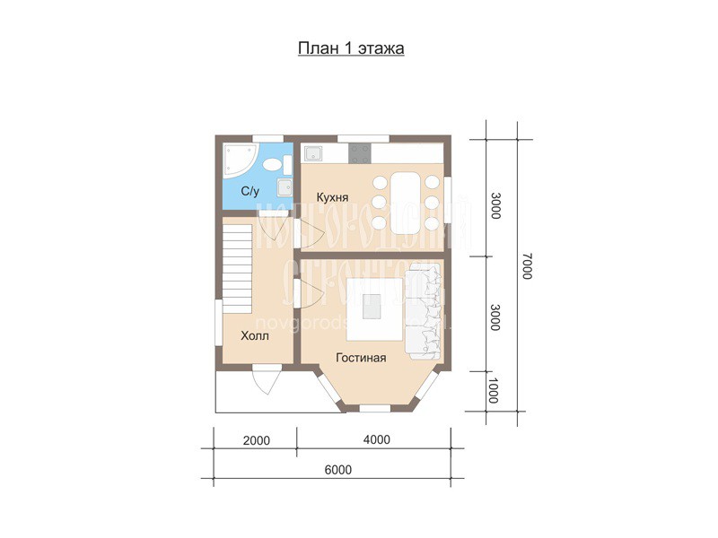 Проект каркасного дома 6х7 в 1.5 этажа с эркером - планировка