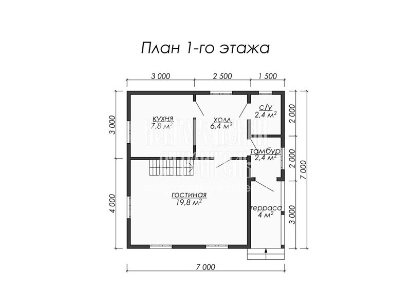 Планировка 1 этажа каркасного дома с мансардой 7 на 7 м с ломаной крышей, террасой