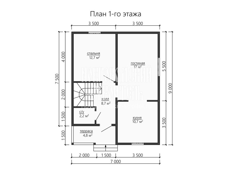 Планировка 1 этажа каркасного дома с мансардой 9 на 7 м